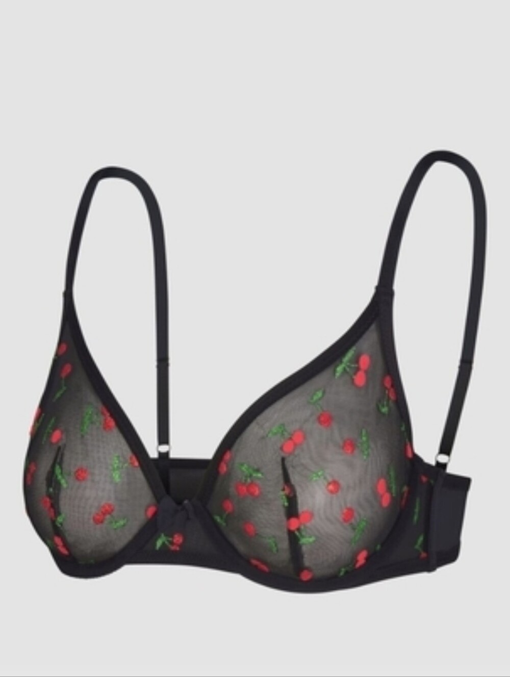 SET Savage X Fenty Black Sheer Bra and String Panties with Red Cherry Embroidery